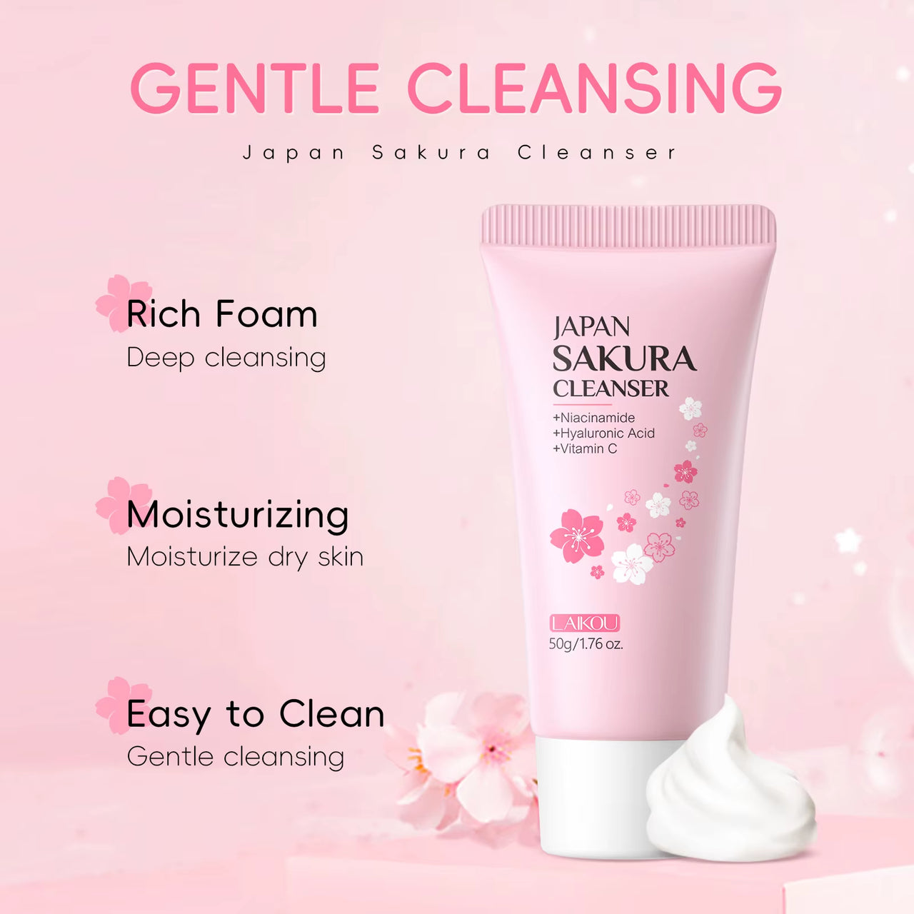 Sakura Facial Cleanser Deep Cleansing Pores Oil Control Moisturizing Brightening Face Wash Gentle for All Skin Types 50G