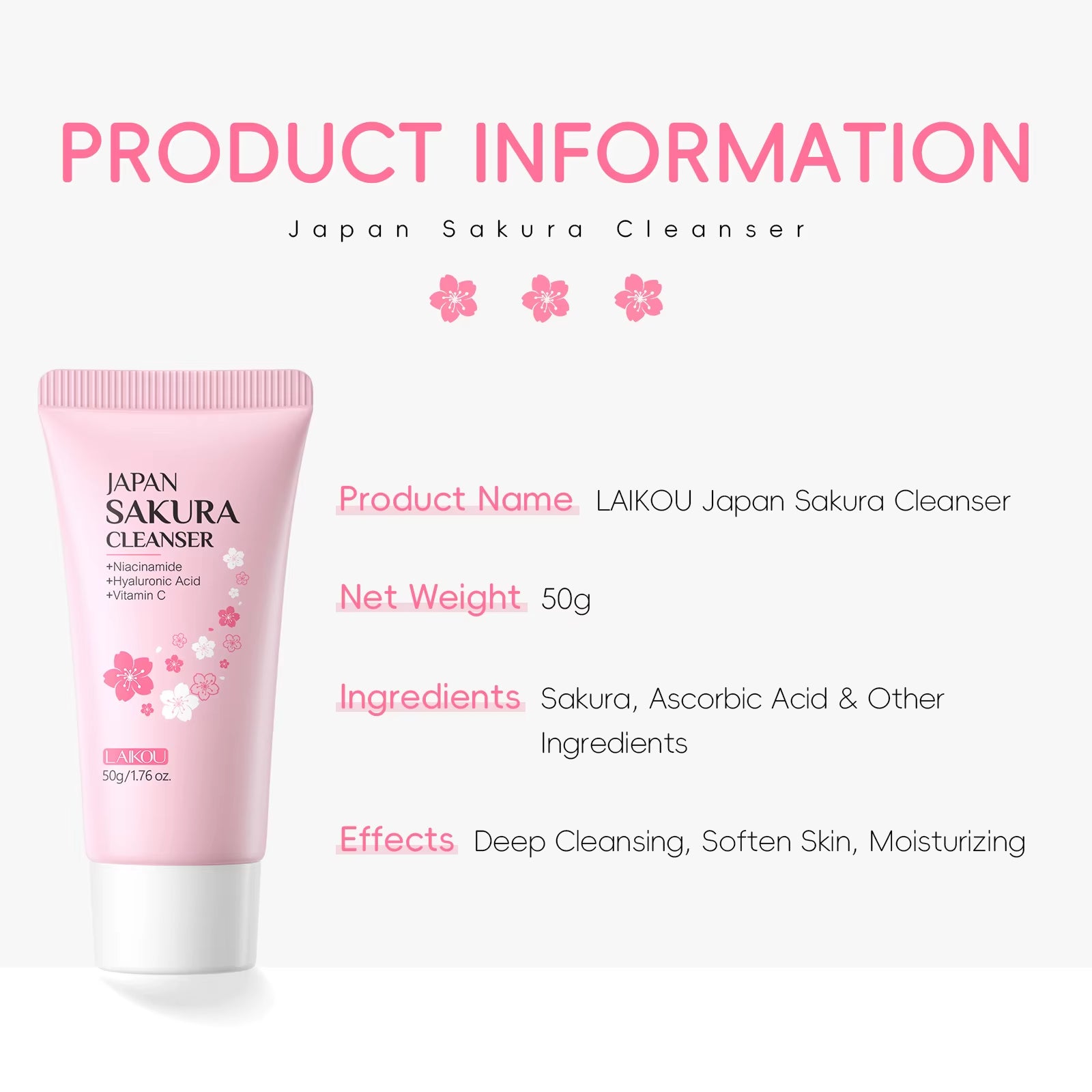Sakura Facial Cleanser Deep Cleansing Pores Oil Control Moisturizing Brightening Face Wash Gentle for All Skin Types 50G