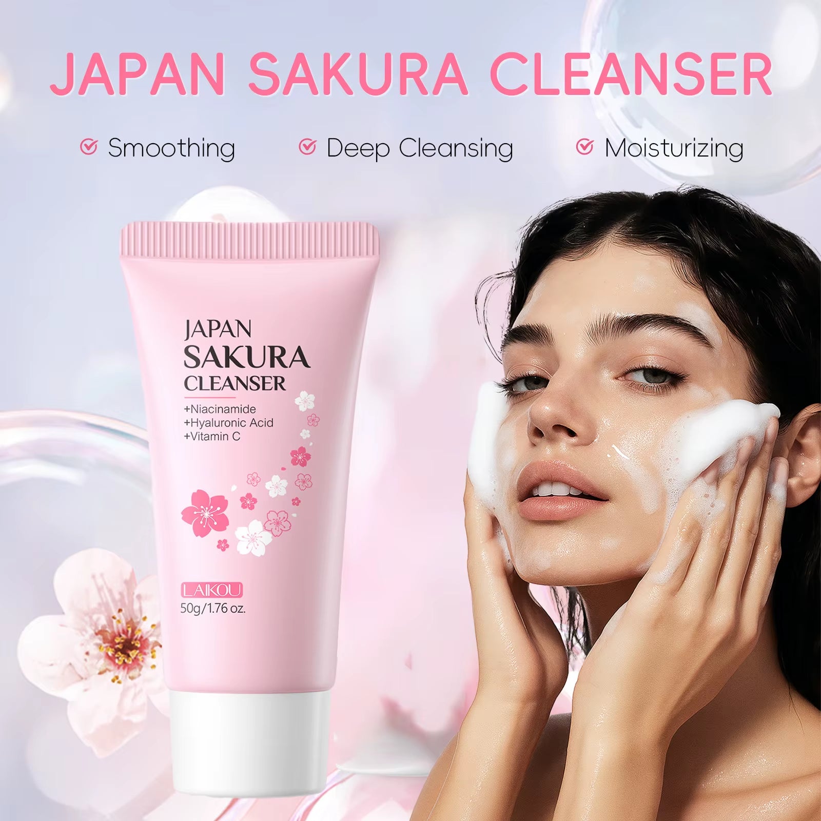 Sakura Facial Cleanser Deep Cleansing Pores Oil Control Moisturizing Brightening Face Wash Gentle for All Skin Types 50G